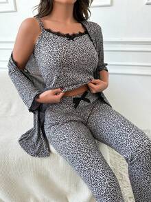3pcs Printed Lace Pajama Set With Lace Trim Cardigan, Tank Top And Long Pants - Black and White - View 2