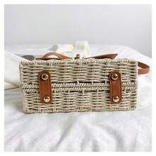 Square Woven Beach Bag, Contrast Color Stitching, Textured Crossbody Bag For Women