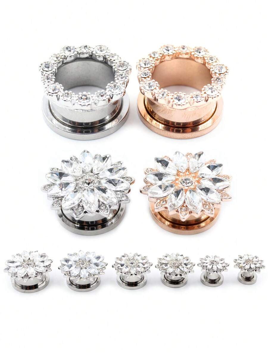2pcs Stainless Steel Flower Crystal Zirconia Screw Ear Gauges, Size 6mm-16mm - Ear Expander - View 1