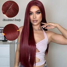30-Inch Burgundy Straight Synthetic Wig - Heat Resistant, Silky Smooth Middle Part For Women, Versatile Styling, Rose Net Cap, Perfect For Everyday Glamour, Wig Accessories - 彩色 - 查看 6