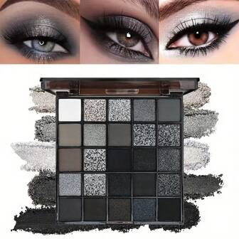 K'APEINE 25-Color Black Matte & Shimmer Eyeshadow Palette – High Pigmented Silver Cool Smoky Pearlescent Dark Shades For Goth Makeup, No Fading, No Smudge, Long Lasting