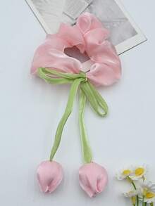 1个时尚优雅仿珍珠花朵发圈，弹力发绳，女士马尾辫发圈，发饰，发绳发圈，头饰橡皮筋 - 粉紅鬱金香 - 查看 3