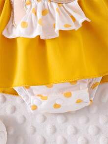 Conjunto de 2 piezas de verano para niñas pequeñas, mono de manga corta con bordado de oso y diadema, ropa para recién nacidas - Amarillo - Ver 6