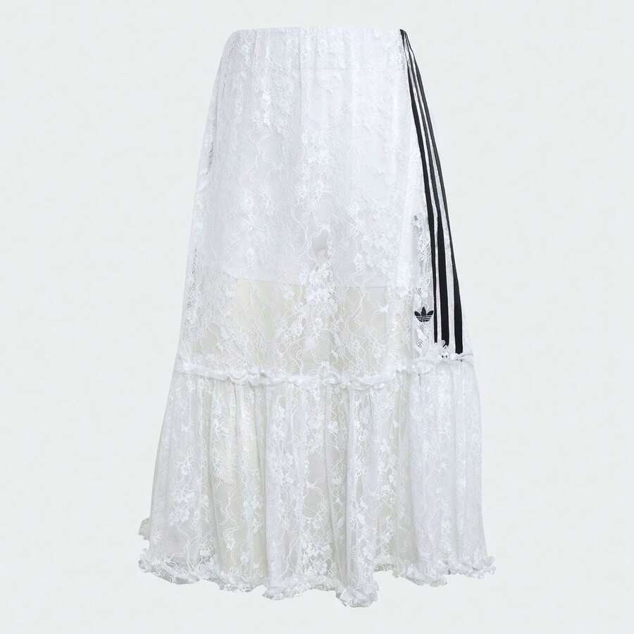 Adidas Originals 女式侧条纹蕾丝下摆针织长裙 KD2288 - 白色 - 查看 1