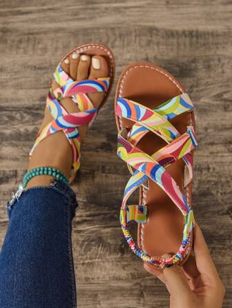 Multi-Color Strap Flat Women's Casual Sandals, Fashionable Versatile Outdoor Sandals