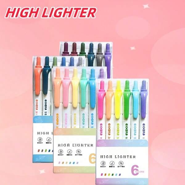 6pcs Set Retro Style Highlighter Pens, Fluorescent Marker Pens, High Capacity Quick Dry For Students Journaling School Supplies,Back To School