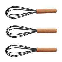 Fouet en silicone avec manche en bois - Tête de fouet noire avec manche en bois - Fouet pour la pâte à pancakes, les œufs et les blancs d'œufs, le mélange de gâteau, le mélange, le jus et les sauces