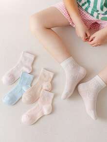 5 Pairs Kids Solid Color Cute Rabbit Net Design Breathable Mid-Calf Socks, Stylish For Boys And Girls Casual Daily Wear - Multicolor - View 3