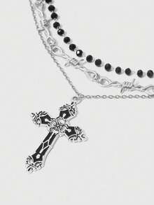 Bộ 3 chiếc/Bộ Vòng cổ nhiều lớp phong cách Gothic cổ điển sang trọng tối màu Punk chữ thập & gai, Vòng cổ choker đính hạt, Vòng cổ kim loại Boho dành cho nữ - Bạc - Xem 2