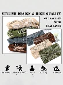 1 pieza Diadema elástica de mujer con estampado de estilo bohemio tipo cachemira - Que absorbe la humedad, diadema elástica para yoga y fitness, estilo vintage boho, con detalle de lazo - Disponible en marrón, beige, verde oliva, gris, diadema para yoga, banda para el cabello, turbante, diadema deportiva