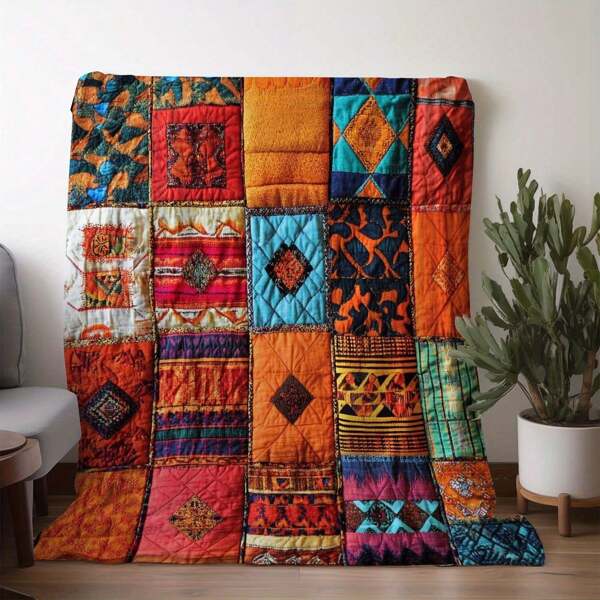 1pc Bohemian Patchwork Geometric Print Flannel Blanket - Vibrant, Soft, Cozy For Sofa, Bed, Car, Office, Camping, Travel - Year-Round Gift Blanket, 100% Polyester, Warm & Comfortable, Throw Blanket | Cozy Home Decor | Knit Texture, Sofa Throw