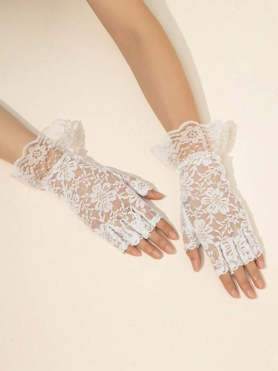 1 Pair Women Lace Trim Half Finger Gloves, Fashionable Sexy Sheer Mesh Fingerless Thin Elegant Driving Travel Gloves, Summer - White - View 1