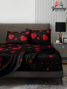 Juego de ropa de cama de 4 piezas con diseño de corazón, juego de ropa de cama de microfibra suave y fácil de cuidar, juego de sábanas con diseño floral (1 sábana + 1 falda de cama + 2 fundas de almohada), juego de falda de cama, se ajusta a camas individuales, dobles, queen y king, diseño de bolsillo profundo de hasta 30 cm, transpirable, resistente a las arrugas, estilo de hotel de lujo, regalo ideal para padres, amigos, dormitorio, vuelta al colegio - Negro - Ver 2