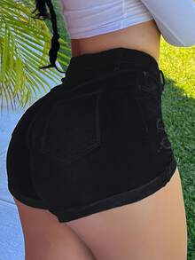 Fashionable Stretch Jeans For Women, With Ripped Hems, Zipper And Button Closure, Slant Pockets, Suitable For Everyday Wear - 黑色 - 查看 3