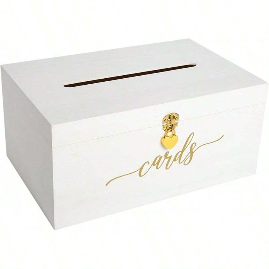Wedding Card Box - 14 X 9 X 6.5 - White With Gold Sign - Secure Wedding Cards Box With Lock - Card Box For Wedding - Wedding Card Boxes For Reception - Best Way To Keep Cards Safe - 白色 - 查看 1