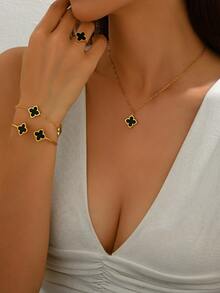 1 套不锈钢四叶草首饰套装包括手链项链耳环戒指手镯，采用 18K 镀亚克力制成，时尚适合日常、派对、节日佩戴 - 彩色 - 查看 5