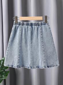 Fusta mini cu pliuri casual din denim pentru fete, versatilă, albastru deschis, primăvară/vară
