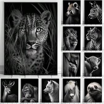1 pièce / 3 pièces Affiches d'art mural avec cadre en option. Affiches d'animaux sauvages noir et blanc encadrées: impression de léopard, lion, tigre sur canevas. Art mural moderne, peinture pour décoration de la maison et de la chambre à coucher