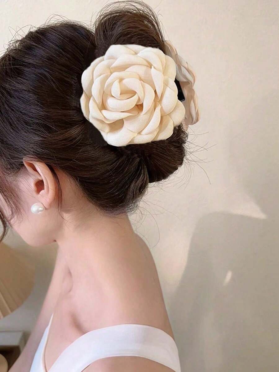 1pc 9cm Fabric Multilayer Rose Flower Big Hair Claw Clips, Elegant & Simple Korean Style, Suitable For Daily Wear Summer Hair Jaw Clip Hair Clamps Hair Clutch Hair Catcher Clip, Casual Fall Winter Hair Clip Hair Accessories For Women For Vacation Outfits Woman - Beige - View 1
