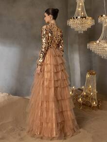 Faeriesty Váy cưới thanh lịch dành cho nữ với cổ cao, tay dài, xẻ tà cao & chân váy chữ A nhiều lớp, thân áo đính sequin, thiết kế vải tuyn sang trọng - Hoàn hảo cho đám cưới lớn, dạ hội sang trọng, vũ hội cà vạt đen, lễ trao giải trang trọng, tiệc tối chiêu đãi xa hoa - Rượu sâm banh - Xem 2