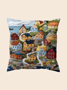 1pc 45.72 X 45.72 Cm Double-Sided Pillow Case With 2D Design Of Fishing Village Fjällbacka, Sweden, Suitable For Sofa, Bedroom, Outdoor And Living Room (Pillow Insert Not Included), No Embroidery
