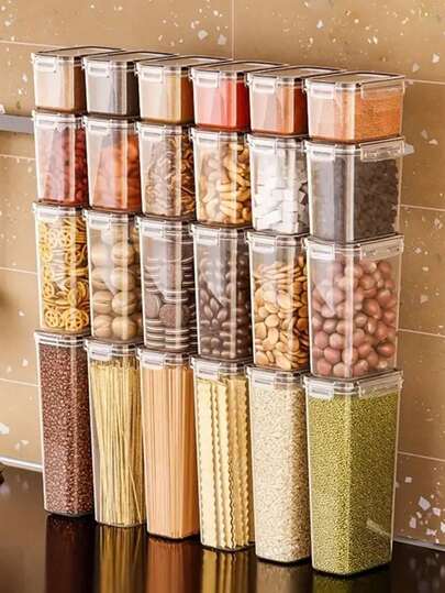 15pcs Airtight Storage Bins,Multi-Purpose Leak-Proof And Reusable Food Storage Jars, Portable And Stackable Food Airtight Bins For Cereals, Snacks, Tea And Pasta, Labels, Markers, Household Kitchen Items,Storage Containers