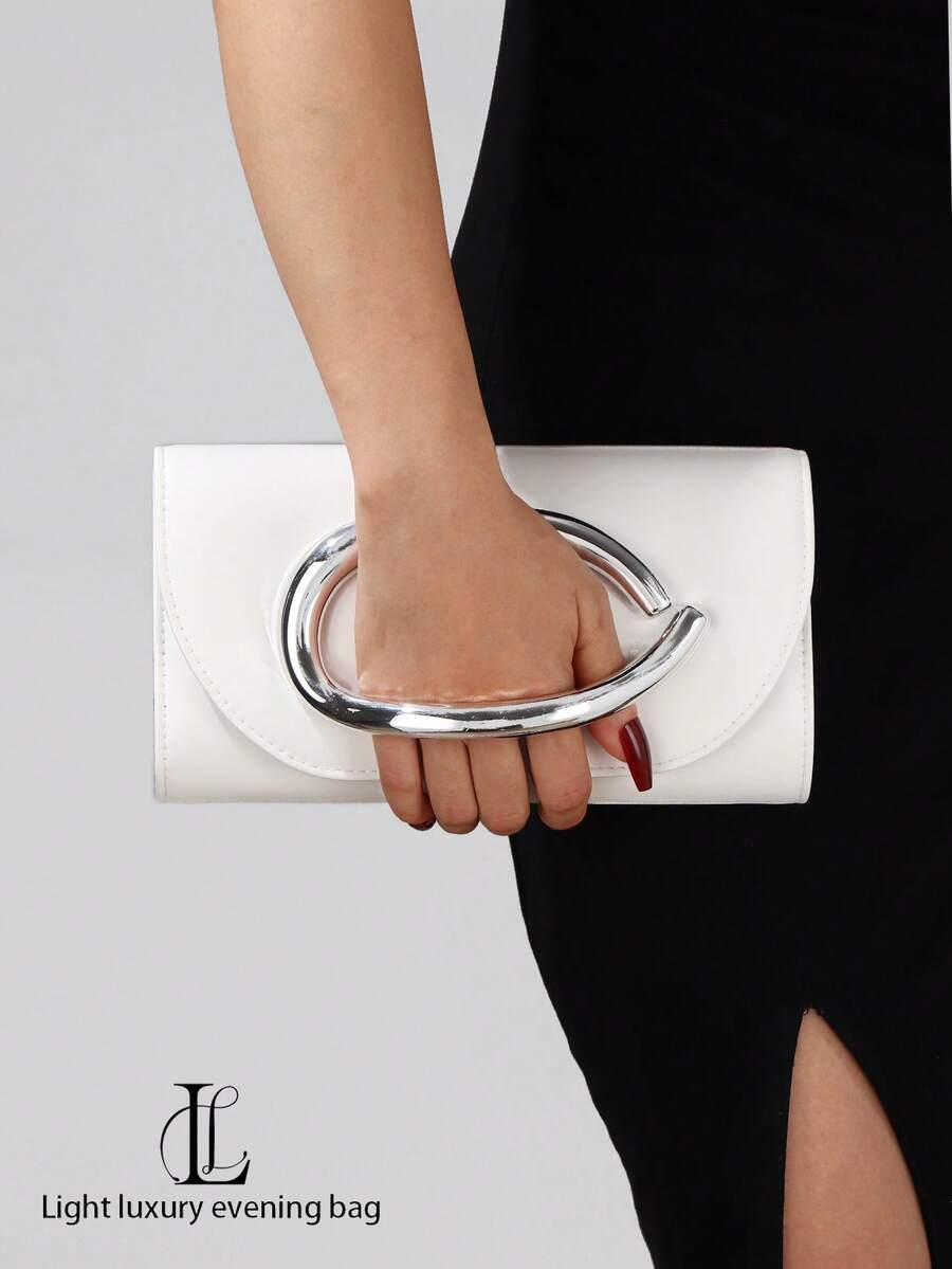 1 pieza Bolso de mano de estilo retro de moda para mujer, bolso de lujo y elegante de cuero con decoración metálica, correa de hombro desmontable de cadena metálica, adecuado para bodas, fiestas, bailes de graduación, discotecas, ocasiones formales, vestidos, cartera blanca