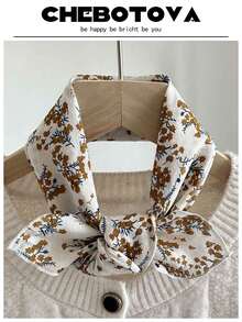 1条女士真丝围巾，小巧精致，碎花图案密集装饰，复古发带款式，适合搭配连衣裙