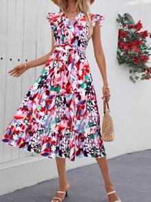 Elegante Vestido De Mujer Con Estampado Floral y Cuello En V, Mangas Volantes, Con Cinturón, Adecuado Para El Uso Diario - Rojo - Ver 3