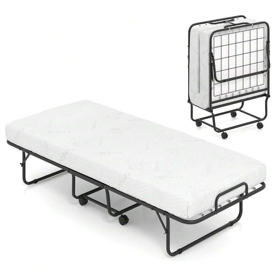 Lifezeal Folding Bed With Mattress 74" X 31" Cot Size Rolling Guest Bed Space Saving - White - View 1