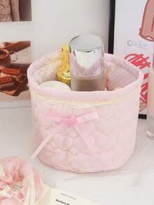1 Cute Pink And Blue Three-Dimensional Bow Lace Storage Basket, Tabletop Miscellaneous Storage Basket, Waterproof Makeup Brush & Skincare Basket, Tabletop Decoration, Cosmetic Organization Rack, Portable Picnic Basket, Valentine's Day Gift - Multicolor - View 7