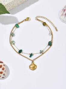 1 18k Gold-Plated Women's Stainless Steel Ankle Chain With Shell Accessories Featuring Ocean Elements A Women's Gold-Plated Ankle Chain Designed With A Combination Of Long And Short Beach Vacation Style