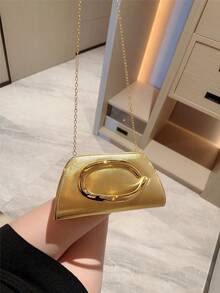 1pc Stylish EU/US Metallic Decorated Mini Box Handbag, High-End Shiny Metal Bar Clutch Purse, Elegant Luxury Evening Dress Party Bag, Leather Design Prom Dancing Clutch/Wedding Ceremony Handbag With Metal Chain - Gold - View 9