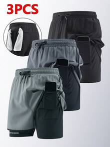 3pcs Summer Men's Quick-Dry Sports Shorts, Running Training Fitness Gym Biking Shorts Black - Black - View 7