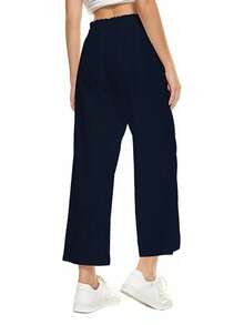 Womens Wide Leg Linen Pants High Waisted Drawstring Flowy Casual Crop Trousers With Pockets Back To School Halloween Christmas New Year - 深藍色 - 查看 2