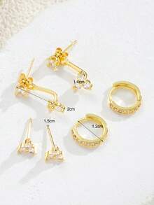 6pcs Fashionable Copper Zirconia Gold Tone Earrings Set, Mixed Design Earrings Studs Hoops Pendants, Versatile Gift For Women, Birthday, Vacation, Party, Daily Wear, New Year, Valentine's Day - Gold - View 12