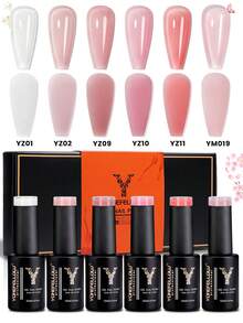 YOKEFELLOW 10毫升6色粉色果冻凝胶指甲油，透明乳白色粉色，持久可卸UV光固化凝胶指甲油，适用于美甲沙龙和居家DIY美甲，是送给女性和女孩的完美礼物。 - 彩色 - 查看 1