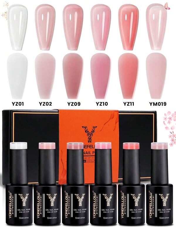 YOKEFELLOW 10ml 6 Colors Pink Jelly Gel Nail Polish, Transparent Milky White Pink, Long-Lasting Removable UV Cured Gel Nail Polish, Suitable For Nail Salons And Home DIY Nail Art, Perfect Gift For Women And Girls.