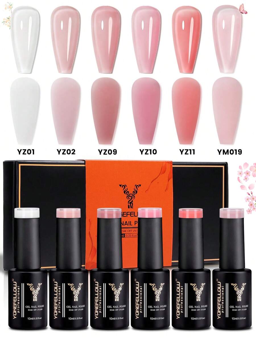 YOKEFELLOW 10毫升6色粉色果冻凝胶指甲油，透明乳白色粉色，持久可卸UV光固化凝胶指甲油，适用于美甲沙龙和居家DIY美甲，是送给女性和女孩的完美礼物。 - 彩色 - 查看 1