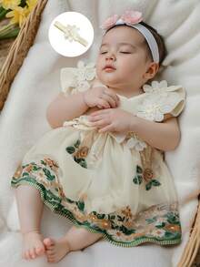 Baby Girl Dress Romper Newborn Romper Dress Flowers Embroidery Tulle Skirt Infant Girl Summer Clothes With Headband 2Pcs - 杏色 - 查看 2