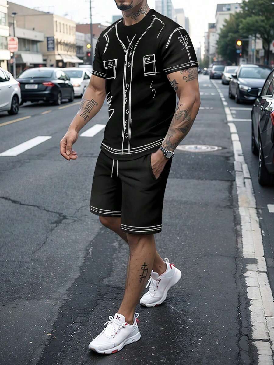 Set di maglietta a maniche corte con stampa e pantaloncini da uomo, outfit estivo casual - nero - Visualizzare 1