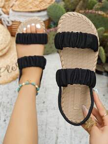 Women's Flat Sandals, Casual Summer Ruffle Flat Sandals, Comfortable Open Toe Slip-On Beach Shoes, Elastic Ankle Strap Casual House Slippers, Suitable For Indoor, Beach And Vacation - Black - View 1