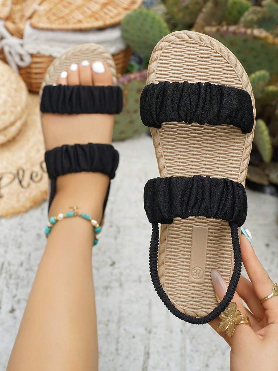 Women's Flat Sandals, Casual Summer Ruffle Flat Sandals, Comfortable Open Toe Slip-On Beach Shoes, Elastic Ankle Strap Casual House Slippers, Suitable For Indoor, Beach And Vacation - Black - View 1