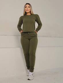 MAYSA Women's Set Sweatshirt 2 Pieces Pants And Long Sleeve Crop Top WINTER - xanh quân đội - Xem 2