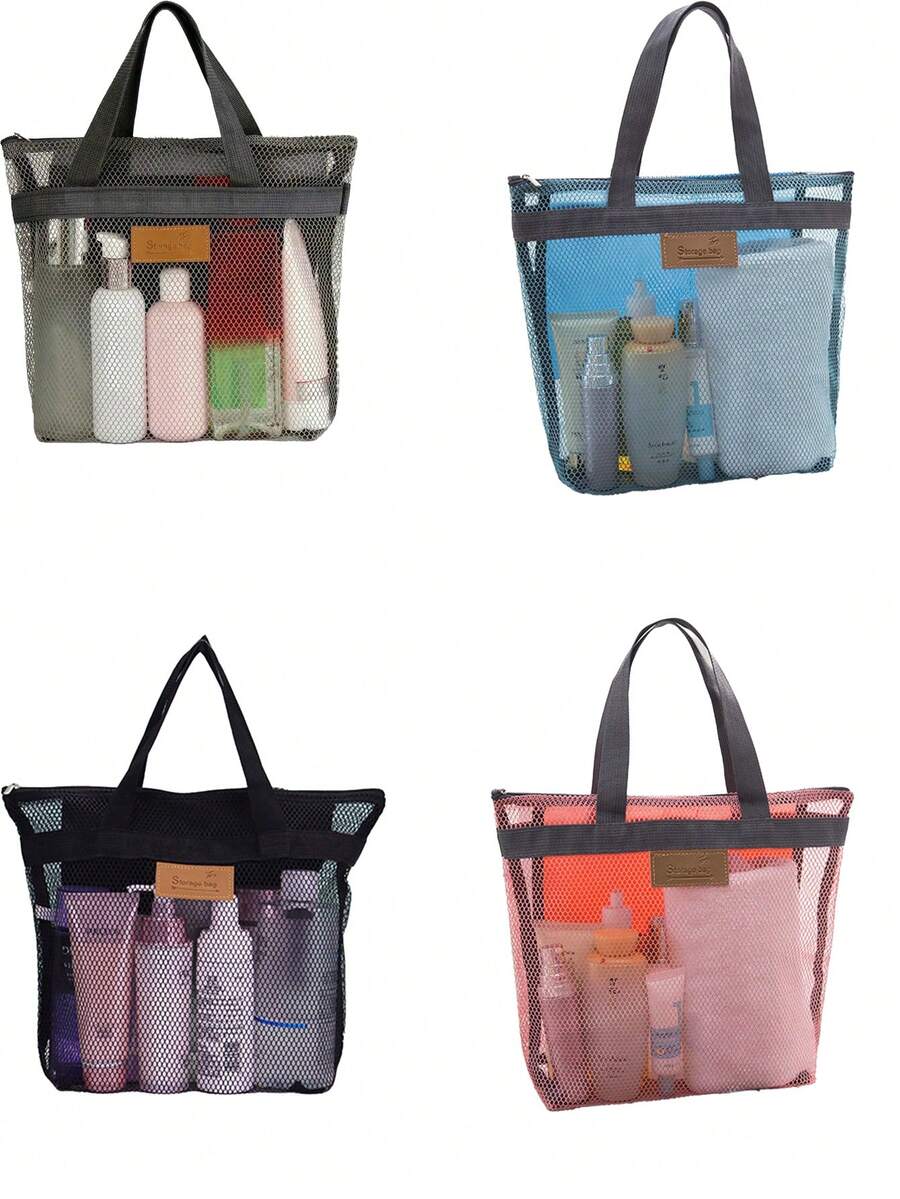 1pc New Mesh Shower Caddy, Beach Bag, Hanging Toiletry Bag With Zipper Pockets, Cosmetic Storage Pouch, Ideal For Travel, Gym, Camping, Dorm, Women, Beach, Camping Gear, Travel Essentials, Beach Essentials - Multicolor - View 1