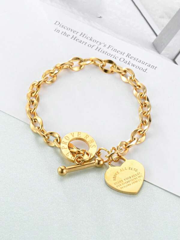1pc Women's Stainless Steel Heart Engraved Titanium Chain Bracelet With Toggle Clasp For Daily Wear & Date Night Gifts