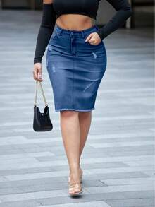 女士破洞下摆口袋性感牛仔短裙 - 深色水洗藍 - 查看 5