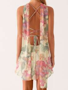 Women Mini Dress Floral Print/Solid Color Sleeveless Cami Dress Summer Backless Dress With Choker Scarf - Màu be - Xem 6