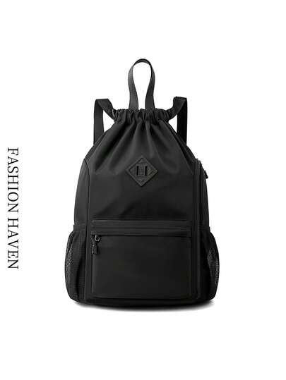 大量库存黑色防水尼龙面料侧面独立鞋隔层带衬里抽绳背包，男女通用适合户外旅行休闲运动健身手提包全年适用