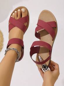 Sandalias planas tipo slip-on para mujer con elástico cruzado, de tela tejida bohemia, para el verano